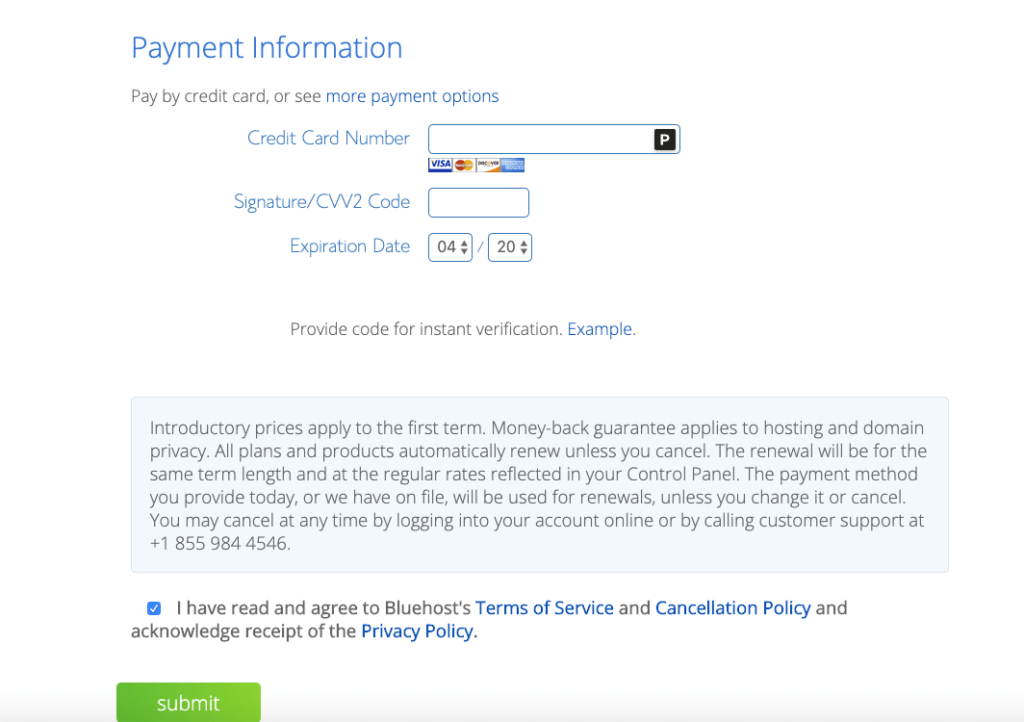 BlueHost Payment Option
